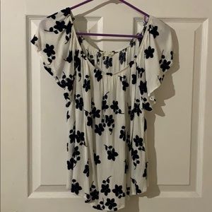 Off the shoulder white with navy blue embroidery